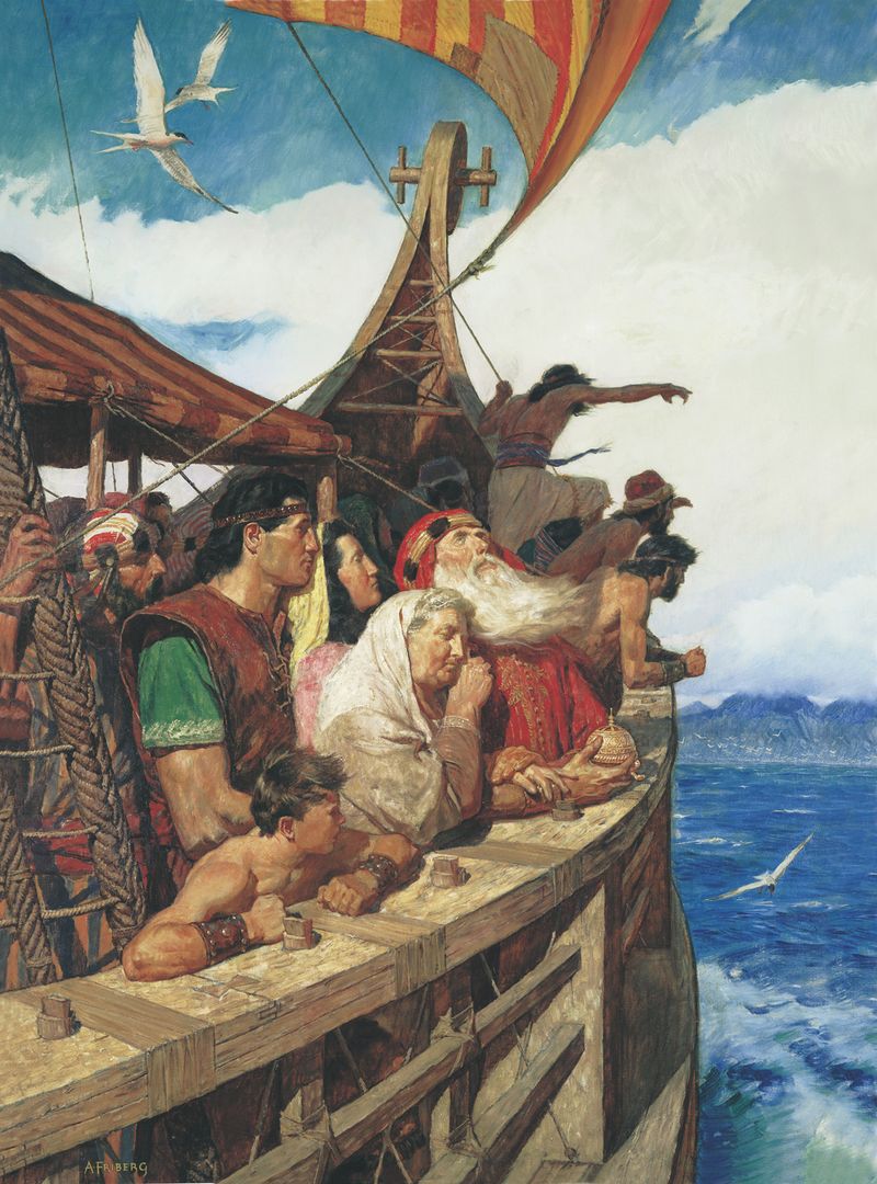 Lehi și familia sa din Cartea lui Mormon navighează către pământul făgăduit.