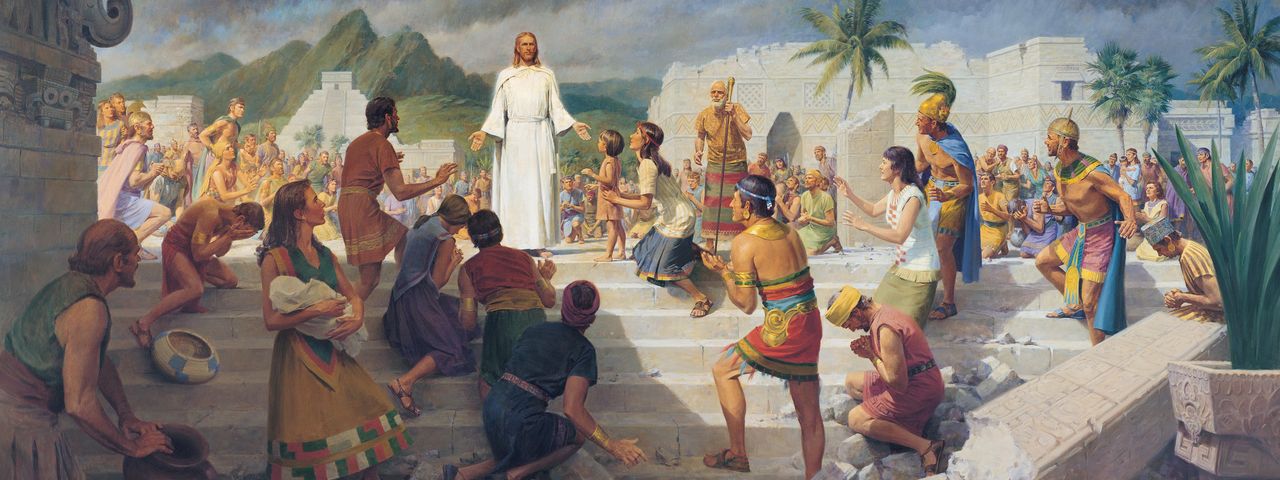 Isus Hristos Se arată oamenilor de pe străvechile meleaguri americane în Cartea lui Mormon.
