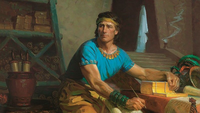 Mormon, autorul principal al Cărții lui Mormon, transcrie plăcile de aur într-o peșteră.